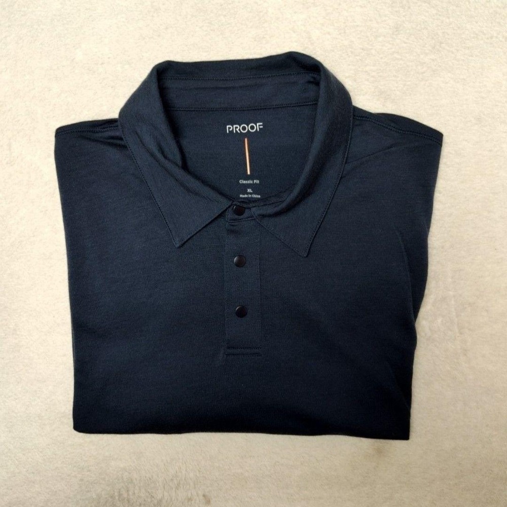 PROOF Polo Shirt Mens XL Blue Classic Fit Wool Nylon Jersey Tagless Short Sleeve